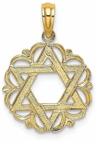 14k Yellow Gold Star Of David In Scalloped Circle Pendant