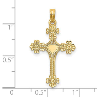 14k Yellow Gold Beaded Tip Cross with Heart Center Pendant