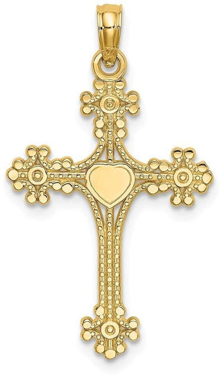 14k Yellow Gold Beaded Tip Cross with Heart Center Pendant