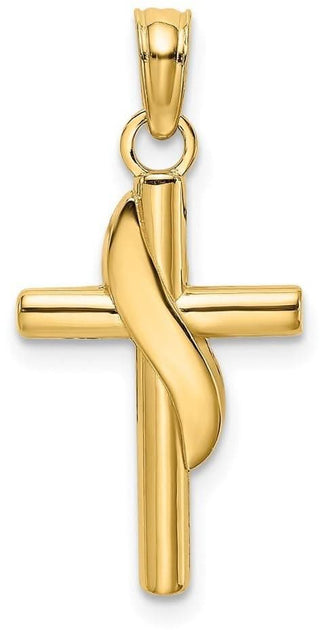 14k Yellow Gold Polished with Banner Cross Pendant