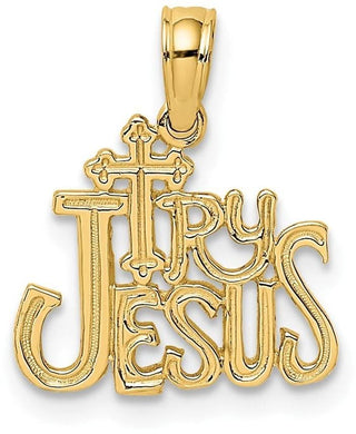 14k Yellow Gold Polished and Engraved Try Jesus Pendant