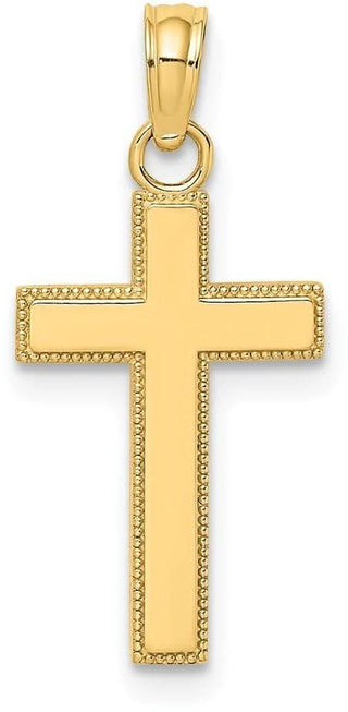 14k Yellow Gold Polished and Block Style Beaded Edge Cross Pendant