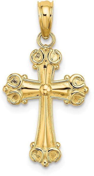 14k Yellow Gold Cross with Scroll Tips and Button Center Pendant
