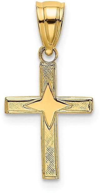 14k Yellow Gold Polished with Star Pattern Mini Cross Pendant