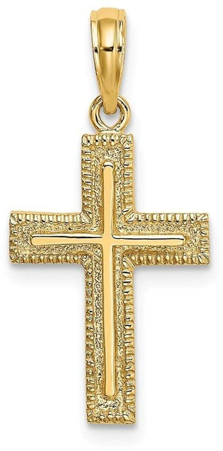 14k Yellow Gold Cross with Textured Border Design Pendant