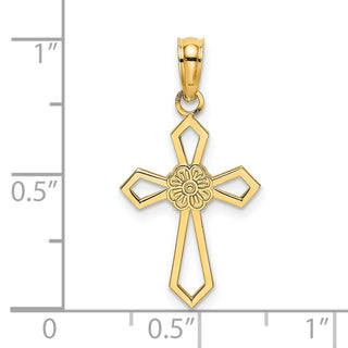 14k Yellow Gold Cut-Out and Flat Cross with Flower Pendant