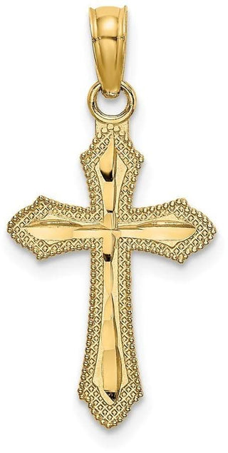 14k Yellow Gold Diamond-Cut with Beaded Edge Cross Pendant