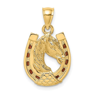 14k Yellow Gold Horse Head In Horseshoe w/Stained Glass Accent Pendant