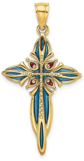 14k Yellow Gold Blue and Red Stained Glass Cross Pendant