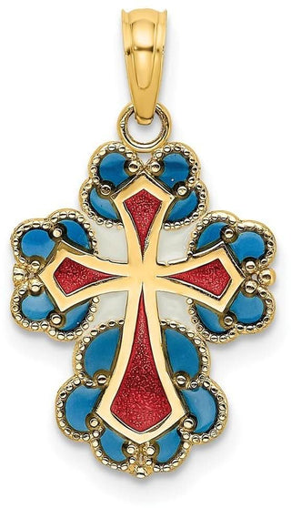 14k Yellow Gold Blue, White and Red Stained Glass with Lace Trim Cross Pendant