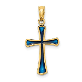 14k Yellow Gold Blue Stained Glass Tapered Cross Pendant
