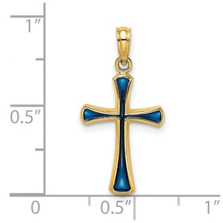 14k Yellow Gold Blue Stained Glass Tapered Cross Pendant