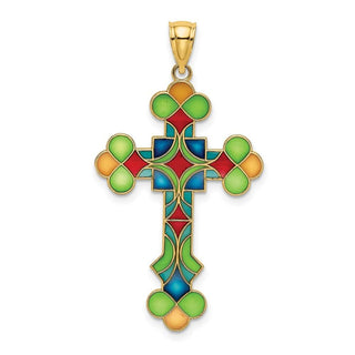 14k Yellow Gold Multi Color Stained Glass Cross Pendant