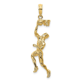 14k Yellow Gold 3-D Basketball Player w/ Raised Ball and Partial Hoop Pendant