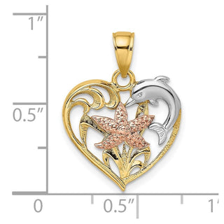14k Yellow and Rose Gold with Rhodium Dolphin and Starfish In Heart Pendant