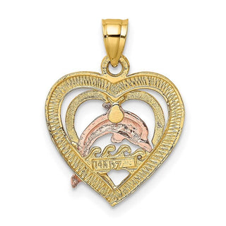 14k Yellow and Rose Gold with Rhodium Dolphin In Heart Pendant