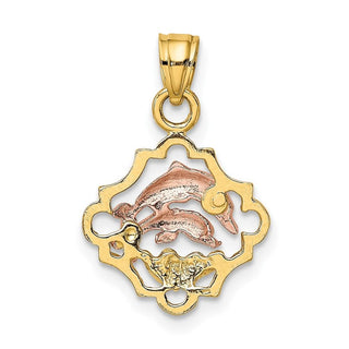 14k Yellow and Rose Gold with Rhodium Double Dolphins In Frame Pendant