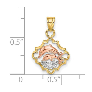 14k Yellow and Rose Gold with Rhodium Double Dolphins In Frame Pendant