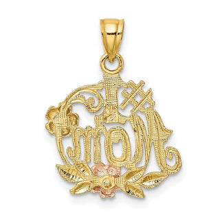 14k Yellow and Rose Gold w/ Rhodium #1 Mom w/ Flower Pendant