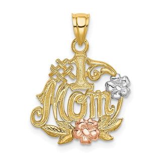 14k Yellow and Rose Gold w/ Rhodium #1 Mom w/ Flower Pendant