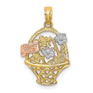 14k Yellow and Rose Gold with Rhodium Flowers In Basket w/ I Love You Pendant