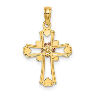 14k Yellow and Rose Gold with Rhodium Cross with Flower and Heart Pendant