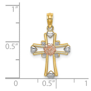 14k Yellow and Rose Gold with Rhodium Cross with Flower and Heart Pendant