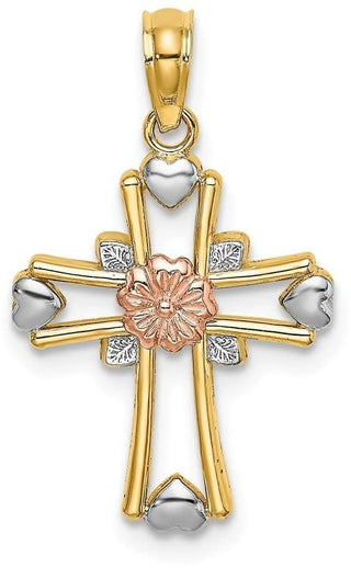14k Yellow and Rose Gold with Rhodium Cross with Flower and Heart Pendant