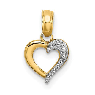 14k Yellow Gold and Rhodium Beaded and Textured Mini Heart Pendant