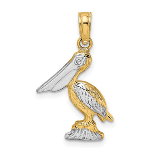 14k Yellow Gold w/Rhodium-Plated 3-D Small Standing Pelican Pendant