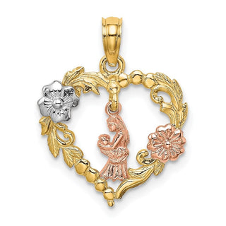 14k Yellow and Rose Gold with Rhodium Motherly Love w/ Flowers In Heart Pendant