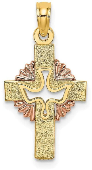 14k Yellow and Rose Gold Cut-Out Dove On Cross Pendant