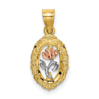 14k Yellow and Rose Gold with Rhodium Rose In Oval Frame Pendant