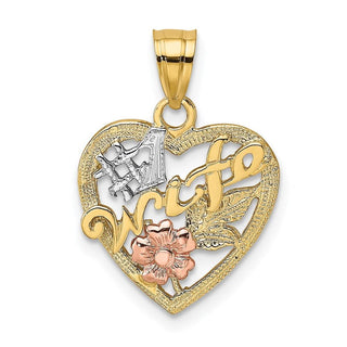 14k Two-tone Gold w/Rhodium #1 Wife In Heart w/Flower Pendant