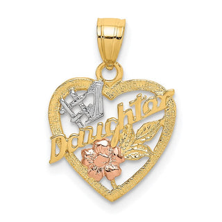 14k Yellow and Rose Gold with Rhodium #1 Daughter In Heart w/Flowers Pendant