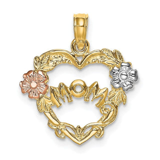 14k Yellow and Rose Gold with Rhodium Mom Banner In Heart w/ Flower Pendant