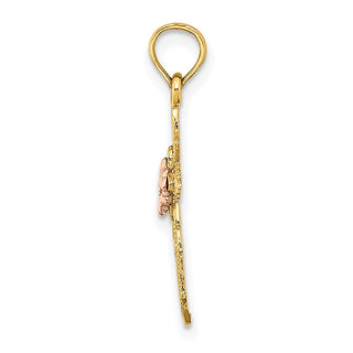 14k Yellow and Rose Gold Cut-Out Cross with Flower Pendant