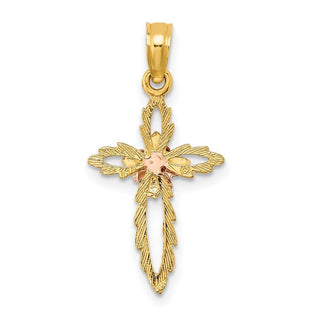 14k Yellow and Rose Gold Cut-Out Cross with Flower Pendant