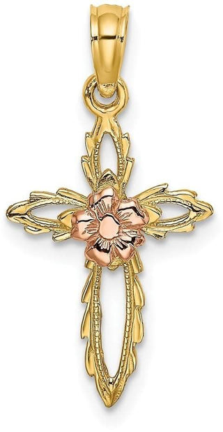 14k Yellow and Rose Gold Cut-Out Cross with Flower Pendant
