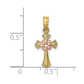 14k Two-tone Gold Cross with Small Flower Pendant