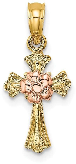 14k Two-tone Gold Cross with Small Flower Pendant
