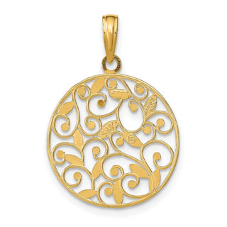 14k Yellow Gold w/Rhodium Diamond-cut Filigree Round Pendant