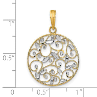 14k Yellow Gold w/Rhodium Diamond-cut Filigree Round Pendant