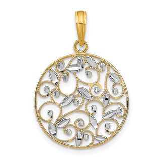 14k Yellow Gold w/Rhodium Diamond-cut Filigree Round Pendant
