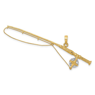 14k Yellow Gold And Rhodium 3-D Fly Rod Fishing Pole Pendant