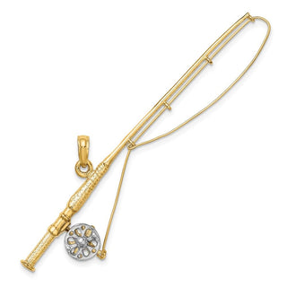 14k Yellow Gold And Rhodium 3-D Fly Rod Fishing Pole Pendant