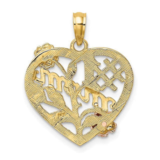 14k Yellow and Rose Gold with Rhodium #1 Mom Heart w/ Flower Pendant