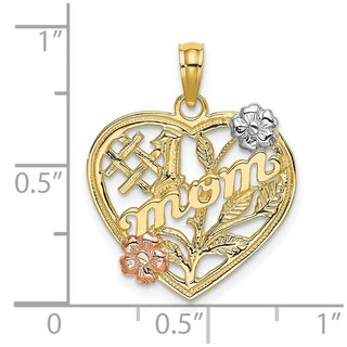 14k Yellow and Rose Gold with Rhodium #1 Mom Heart w/ Flower Pendant