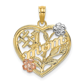 14k Yellow and Rose Gold with Rhodium #1 Mom Heart w/ Flower Pendant