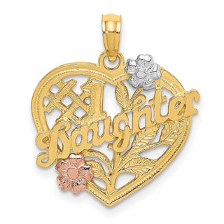 14k Yellow and Rose Gold with Rhodium #1 Daughter on Heart w/ Flower Pendant